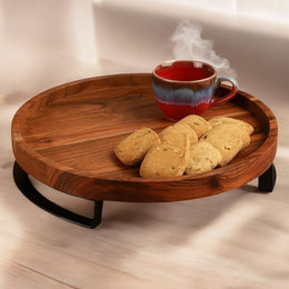 Wooden round serving platter cum organizer with metal stand- 3 variants | Multi-functional