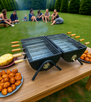BBQ grill set with 10 skewers, 2 steel grills & charcoal trays | Barrel shaped with handle
