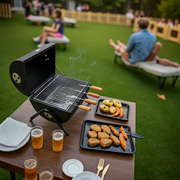 BBQ grill set with 10 skewers, 2 steel grills & charcoal trays | Barrel shaped with handle