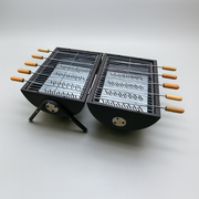 BBQ grill set with 10 skewers, 2 steel grills & charcoal trays | Barrel shaped with handle