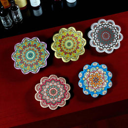 POSHIO Ceramic Coaster for Table Decor, Set of 5 | U.V. Printed Mandala Art on Flower Shaped Ceramic with Cork Base for Anti-Skid