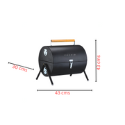 BBQ grill set with 10 skewers, 2 steel grills & charcoal trays | Barrel shaped with handle