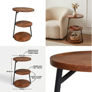 Wooden Side Table 3 Tier Round with Metal Frame– Modern End Table for Homes and Offices