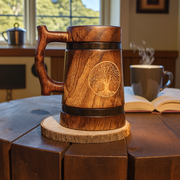 Wooden Beer Mug with Coaster – 600 ML / 20.2 OZ Barrel-Shape Tankard, Solid Wood Exterior & Stainless Steel Inner Cup – Rustic Bar Mug, Gift for Men, Father’s Day, Christmas & Birthday