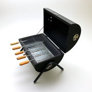 BBQ grill set with 10 skewers, 2 steel grills & charcoal trays | Barrel shaped with handle