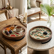 Wooden Serving Tray/Platter with Enamel Prints and Metal Stand | 12 Inches