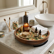 Wooden Serving Tray/Platter with Enamel Prints and Metal Stand | 12 Inches