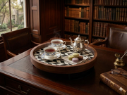 Wooden Serving Tray/Platter with Enamel Prints and Metal Stand | 12 Inches