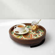 Wooden Serving Tray/Platter with Enamel Prints and Metal Stand | 12 Inches