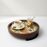 Wooden Serving Tray/Platter with Enamel Prints and Metal Stand | 12 Inches