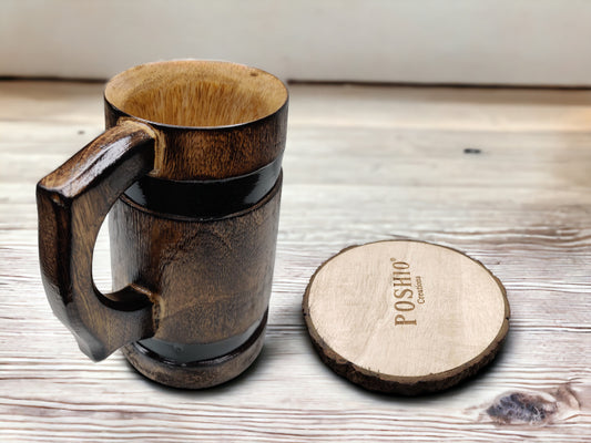 Acacia Wooden Handcrafted Beer & Juice Mug with Handle and Metal Strip | Barrel Shaped Jumbo Mug for Cocktail Parties- Matte Finish (600 ml, 6.7 x 5 x 6.7 inches)