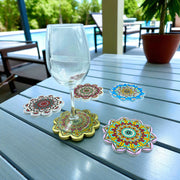POSHIO Ceramic Coaster for Table Decor, Set of 5 | U.V. Printed Mandala Art on Flower Shaped Ceramic with Cork Base for Anti-Skid