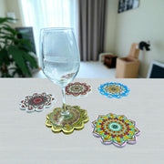 POSHIO Ceramic Coaster for Table Decor, Set of 5 | U.V. Printed Mandala Art on Flower Shaped Ceramic with Cork Base for Anti-Skid