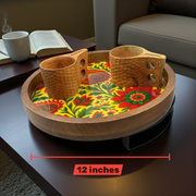 Wooden Tray Serving Platter with Metal Stand (Meena Prints) | 12 x 12 Inches