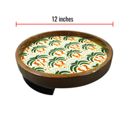 Wooden Serving Tray/Platter with Enamel Prints and Metal Stand | 12 Inches