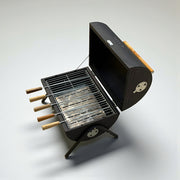 BBQ grill set with 10 skewers, 2 steel grills & charcoal trays | Barrel shaped with handle