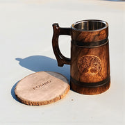 Wooden Beer Mug with Coaster – 600 ML / 20.2 OZ Barrel-Shape Tankard, Solid Wood Exterior & Stainless Steel Inner Cup – Rustic Bar Mug, Gift for Men, Father’s Day, Christmas & Birthday