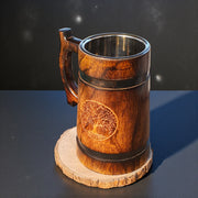 Wooden Beer Mug with Coaster – 600 ML / 20.2 OZ Barrel-Shape Tankard, Solid Wood Exterior & Stainless Steel Inner Cup – Rustic Bar Mug, Gift for Men, Father’s Day, Christmas & Birthday