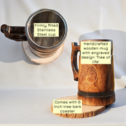 Wooden Beer Mug with Coaster – 600 ML / 20.2 OZ Barrel-Shape Tankard, Solid Wood Exterior & Stainless Steel Inner Cup – Rustic Bar Mug, Gift for Men, Father’s Day, Christmas & Birthday