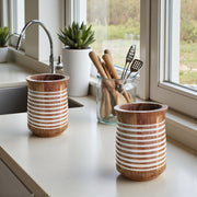 Cutlery Holder Utensils Organizer for Kitchen & Dining Table – 360° Rotating Stylish Handcrafted Wooden Spoon Stand / Cutlery Holder | Table Décor Cooking Tools Caddy (Style 1)