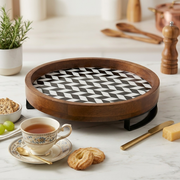 Wooden Serving Tray/Platter with Enamel Prints and Metal Stand | 12 Inches
