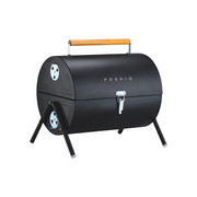 BBQ grill set with 10 skewers, 2 steel grills & charcoal trays | Barrel shaped with handle