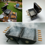 BBQ grill set with 10 skewers, 2 steel grills & charcoal trays | Barrel shaped with handle