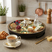 Wooden Serving Tray/Platter with Enamel Prints and Metal Stand | 12 Inches