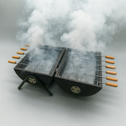 BBQ grill set with 10 skewers, 2 steel grills & charcoal trays | Barrel shaped with handle