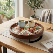 Wooden Serving Tray/Platter with Enamel Prints and Metal Stand | 12 Inches